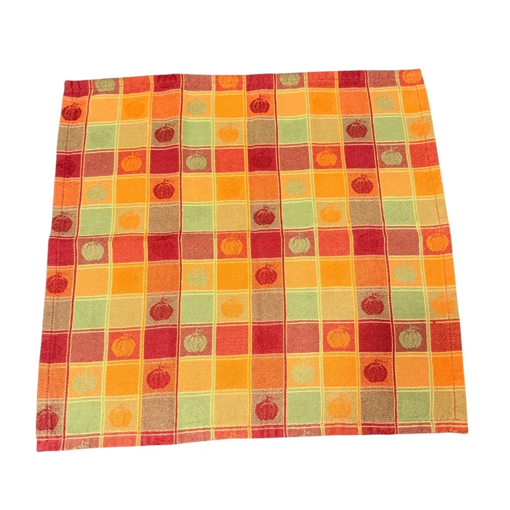 8 Vtg Fall Harvest Plaid Cloth Napkins Pumpkin Leaf Orange Red Green Square